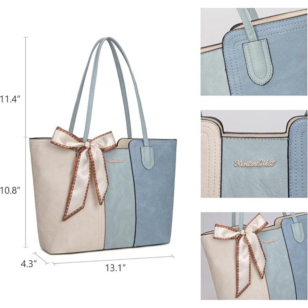 Women Beige Blue Imported Vegan Leather Top Handle Polyester Lining Tote Bag - Picture 4 of 4